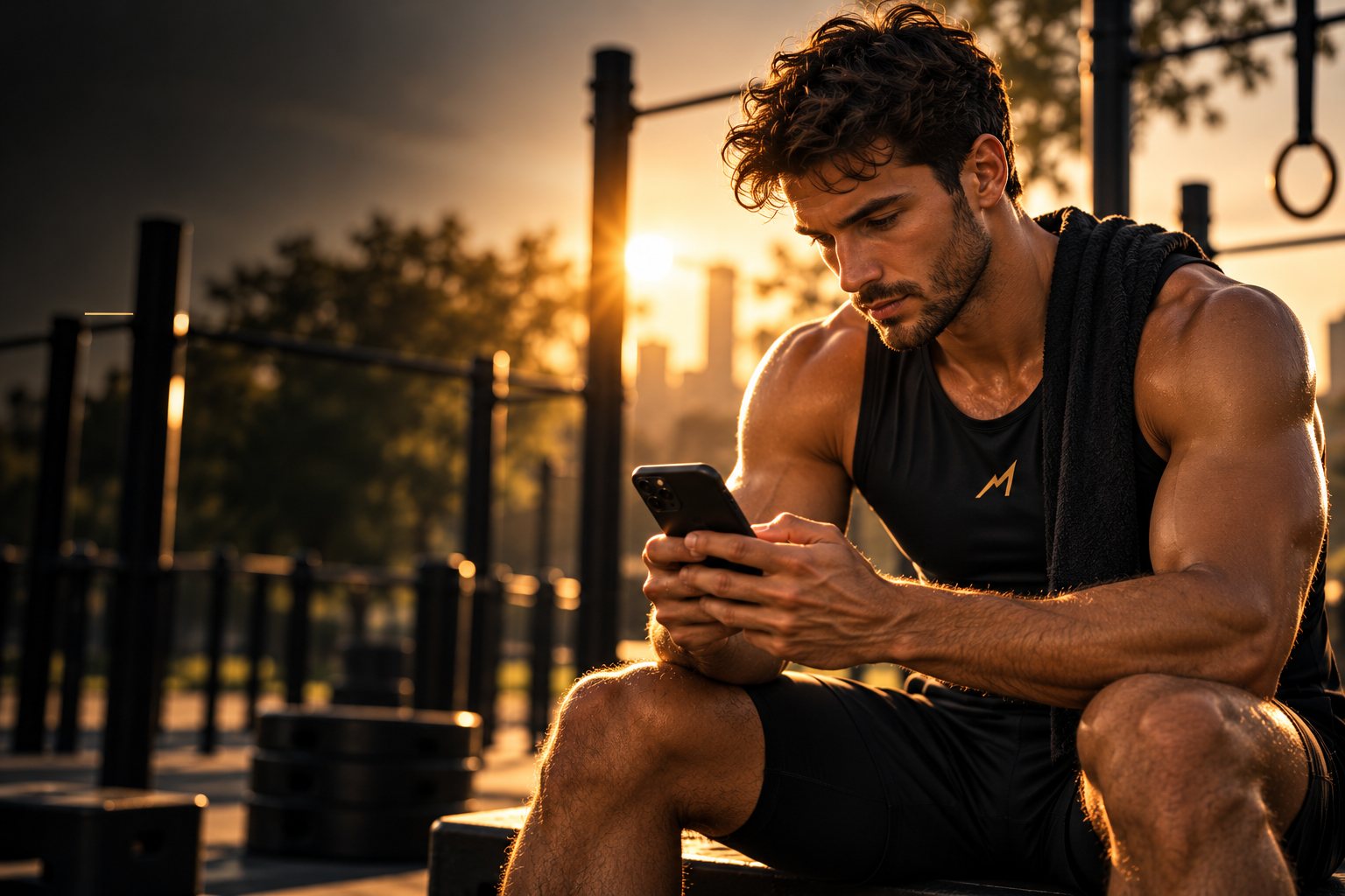 Un athlète consulte l'application Mentor Athletik™ au coucher du soleil