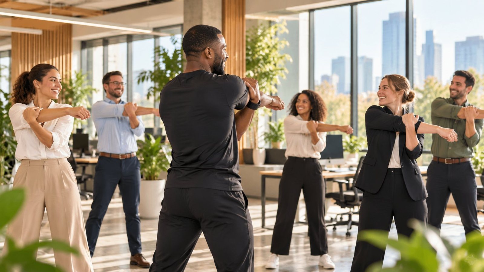Séance de mouvement en équipe dans un bureau lumineux