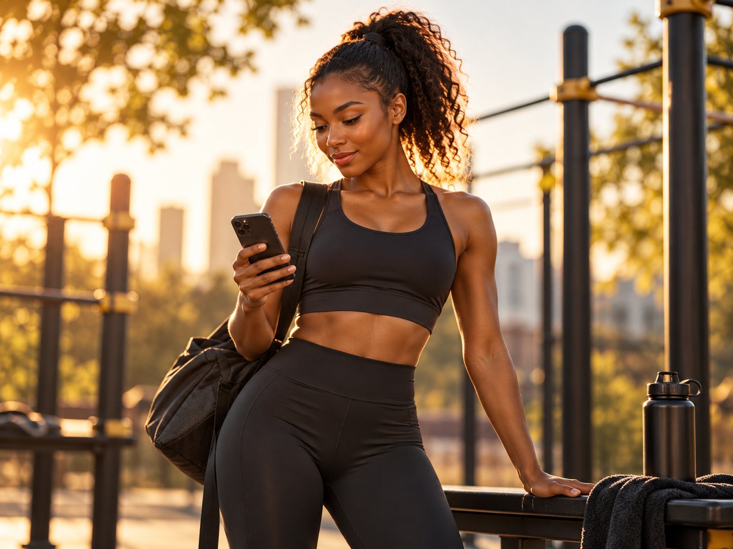 Athlète debout dans un parc d'entraînement au lever du soleil — démonstration Train Anywhere™