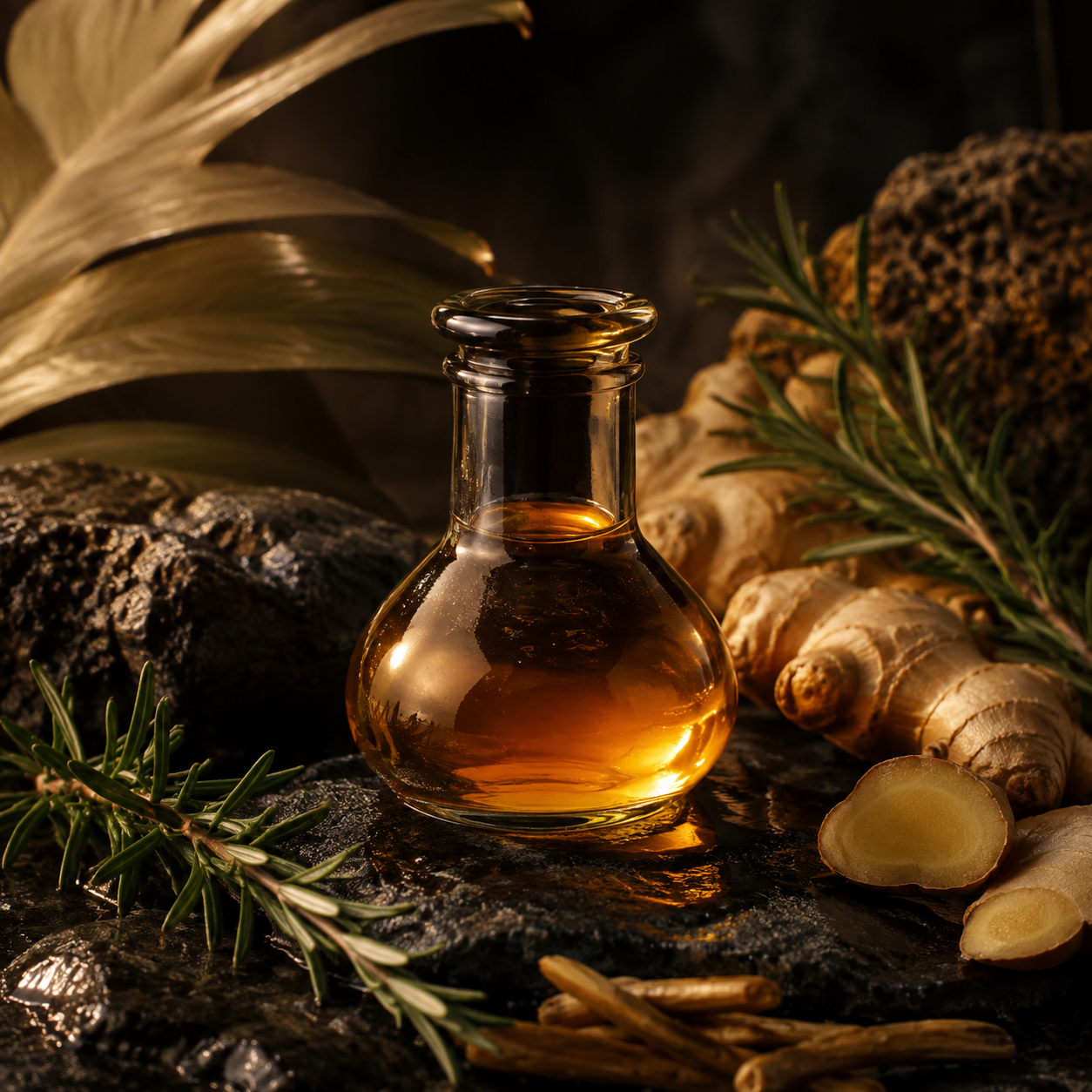 Rituel botanique CHALÈ™ réchauffant, présenté avec huile ambrée et gingembre.
