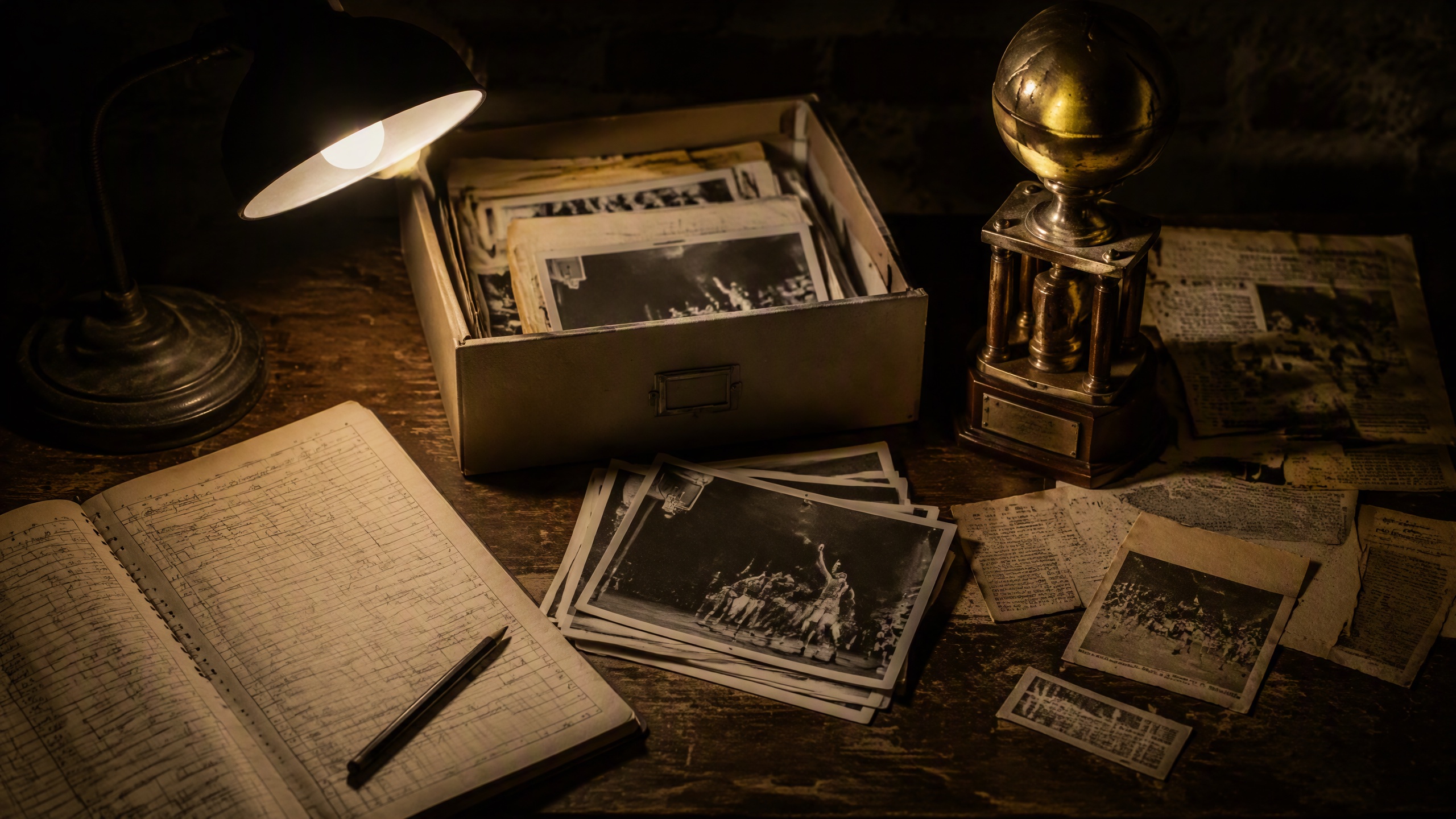 Table d'archives mise en scène avec de vieilles photos de basketball, papiers et memorabilia