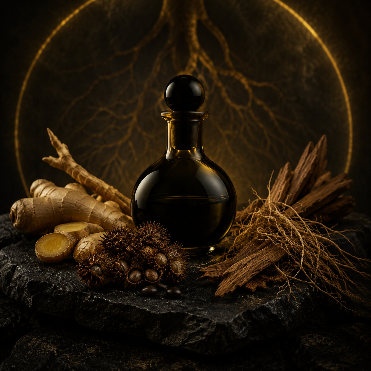Rituel botanique ancestral FÒS & RÉNESANS™ d'inspiration haïtienne, avec racines et huile ambrée foncée.
