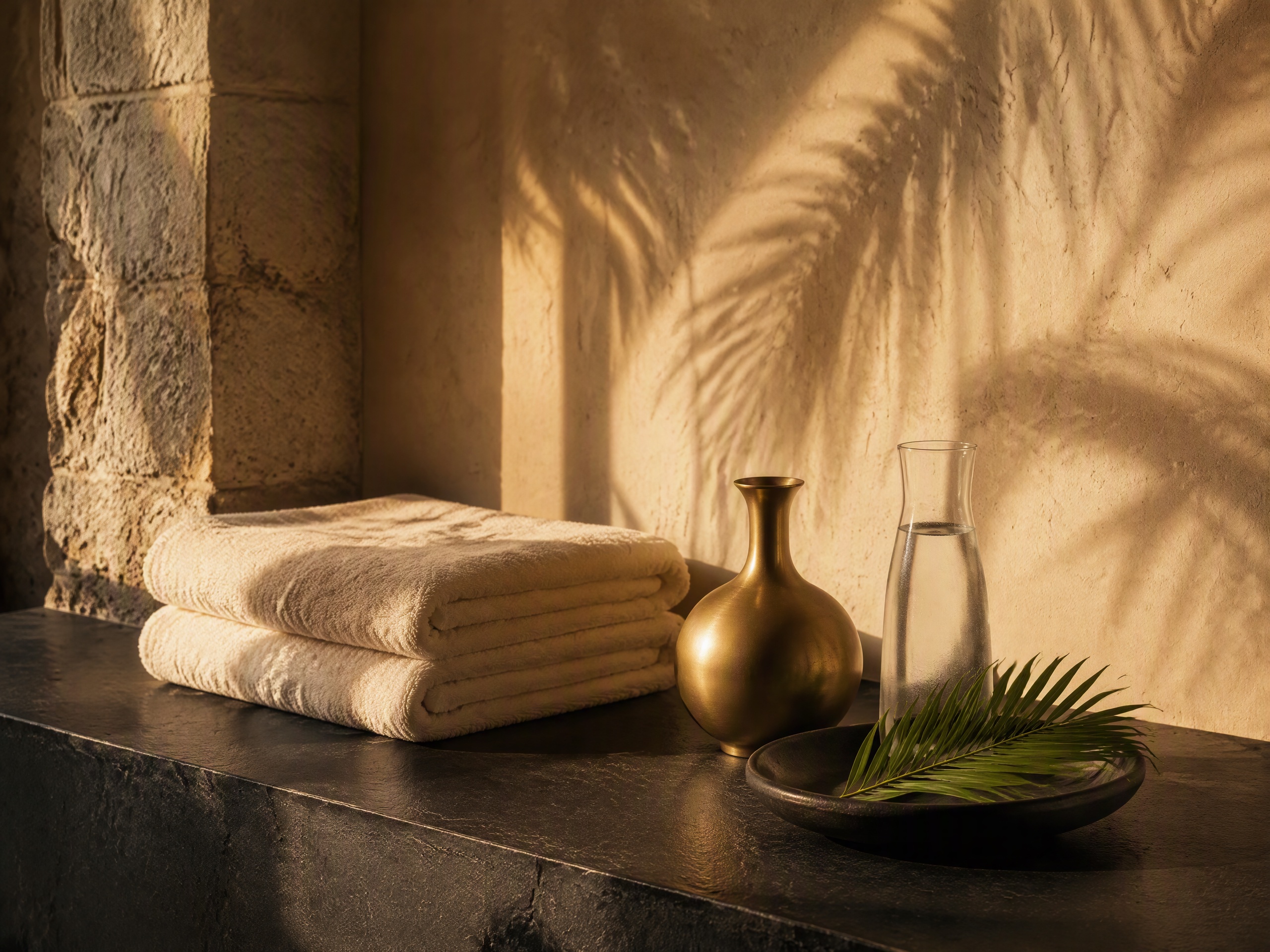 Serviettes ivoire, eau minérale et récipient or mat pour un rituel de récupération