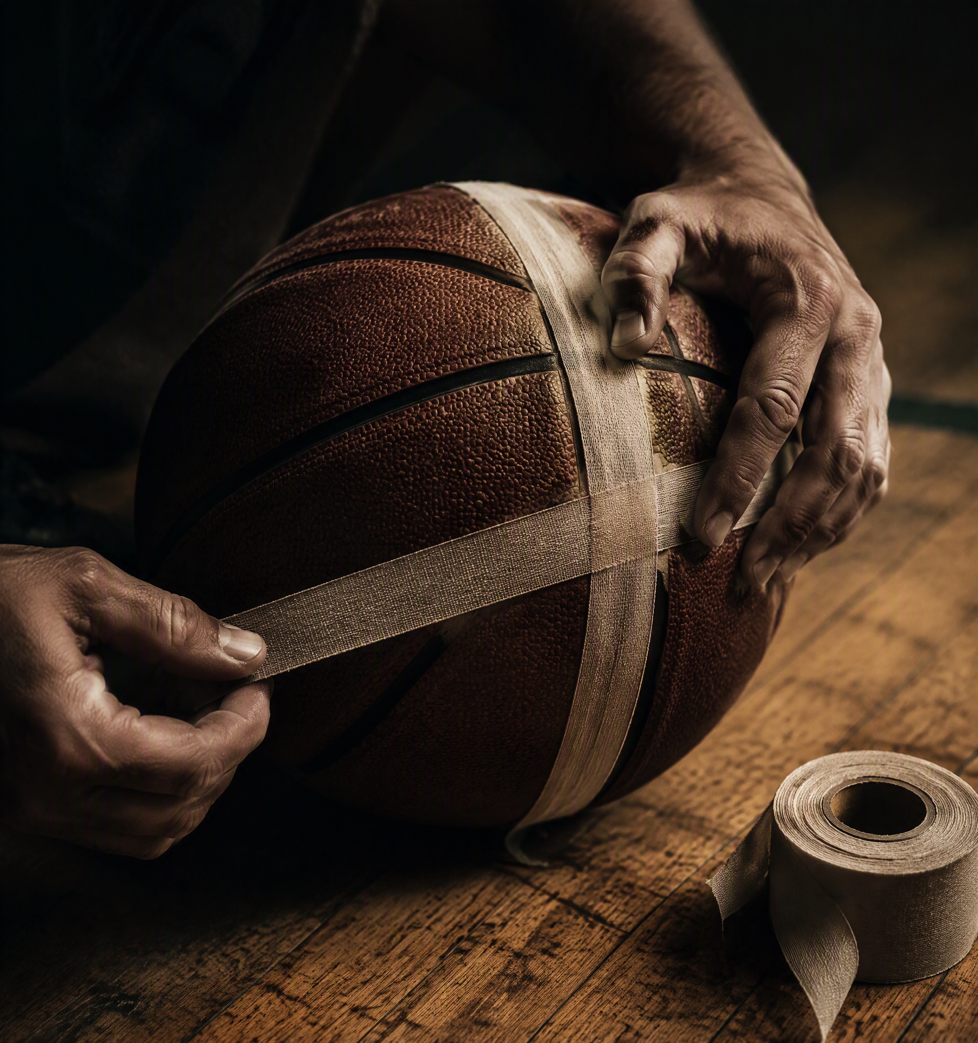 Mains anonymes d'un adulte enveloppant un ballon de basketball sur un parquet usé