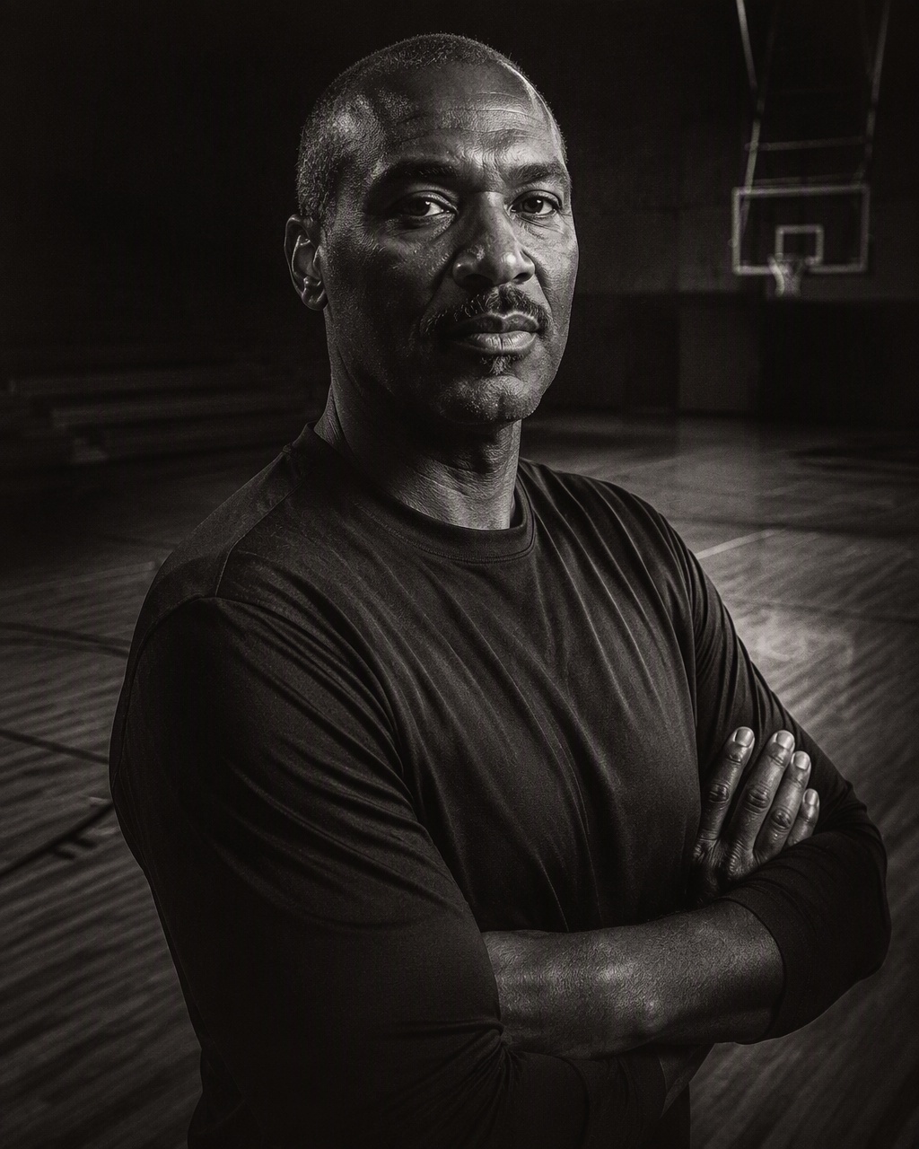 Portrait conceptuel digne d'un ancien joueur de basketball anonyme dans un gymnase vide