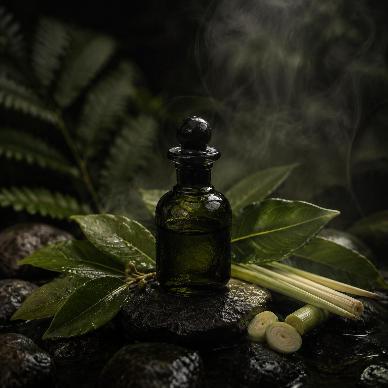 Rituel botanique RETABLI™ ancrant, présenté avec des végétaux vert profond.