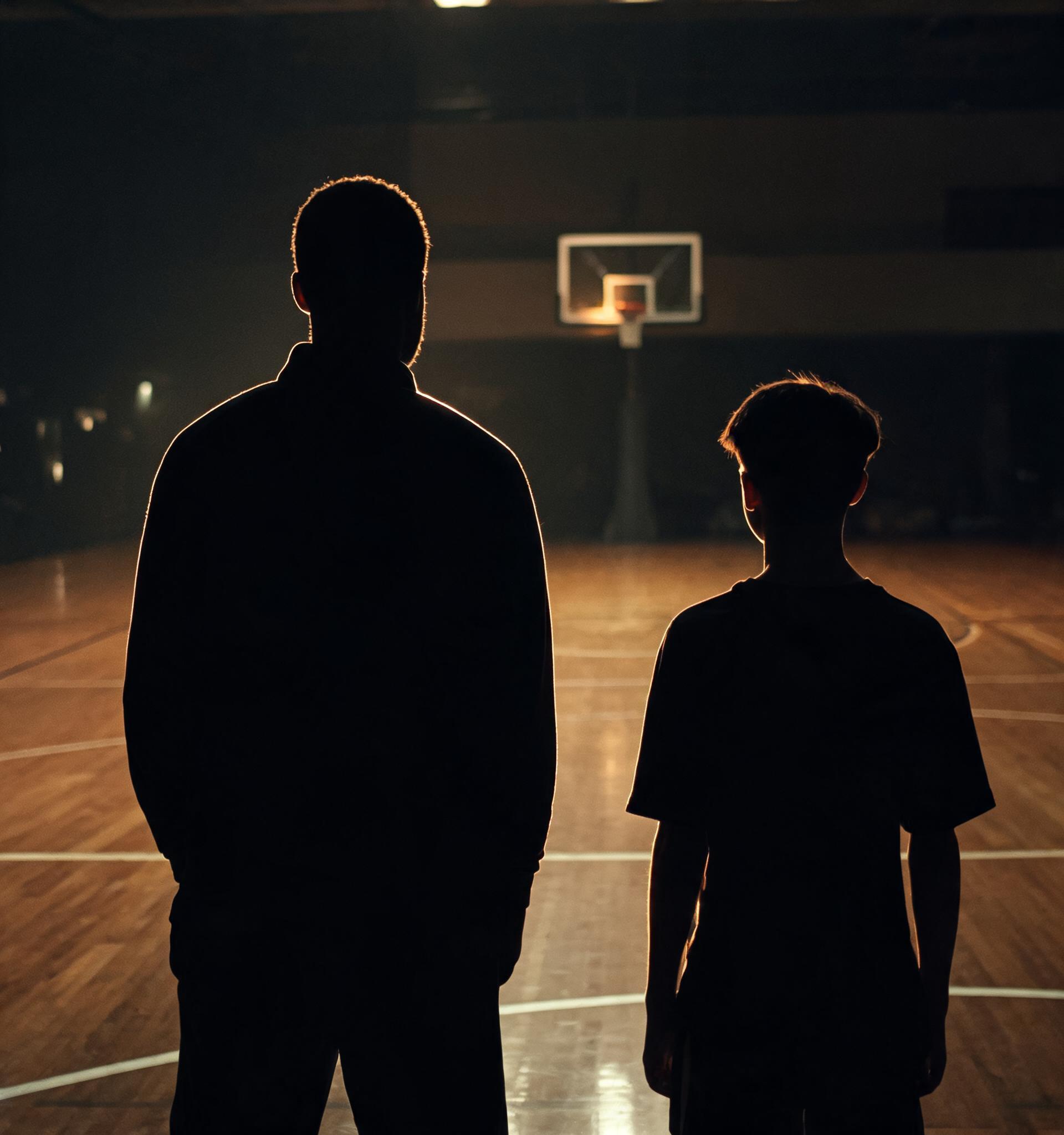 Silhouettes conceptuelles d'un adulte et d'un jeune joueur sur un terrain de basketball, vues de dos