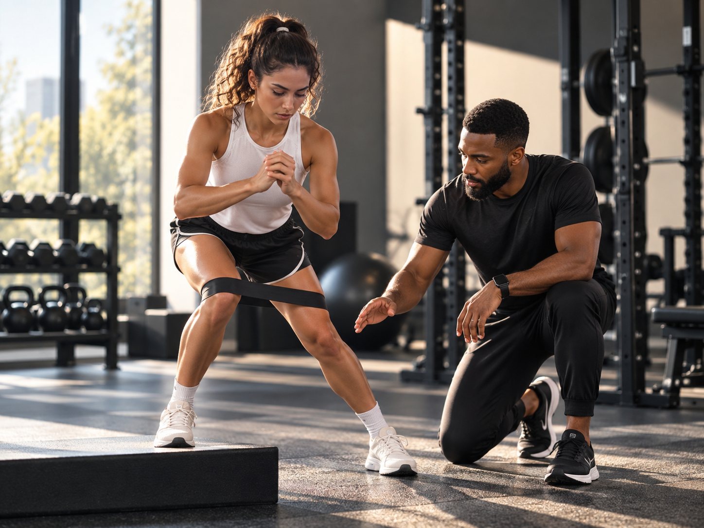 Coach guidant un exercice de stabilité avec bande de résistance